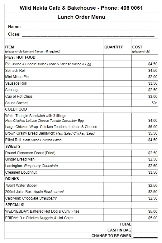 Mangonui School - Lunch Orders